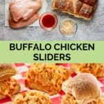 buffalo chicken sliders ingredients and sliders on parchment paper.