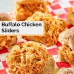 buffalo chicken sliders on red checkered parchment paper.