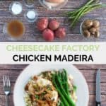 chicken madeira ingredients and the finished dish on a plate.