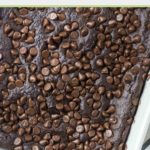 overhead view of chocolate pudding cake in a baking dish.