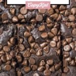 closeup of sliced chocolate pudding cake in a pan.
