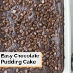 overhead view of chocolate pudding cake in a baking dish.