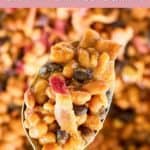 copycat cracker barrel baked beans on a spoon over the dish.