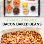cracker barrel bacon baked beans ingredients and the finished dish.