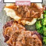 overhead view of homemade Cracker Barrel hamburger steak and gravy.