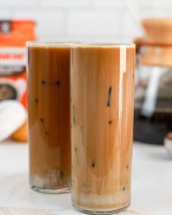two copycat Dunkin Donuts butter pecan iced coffee drinks.