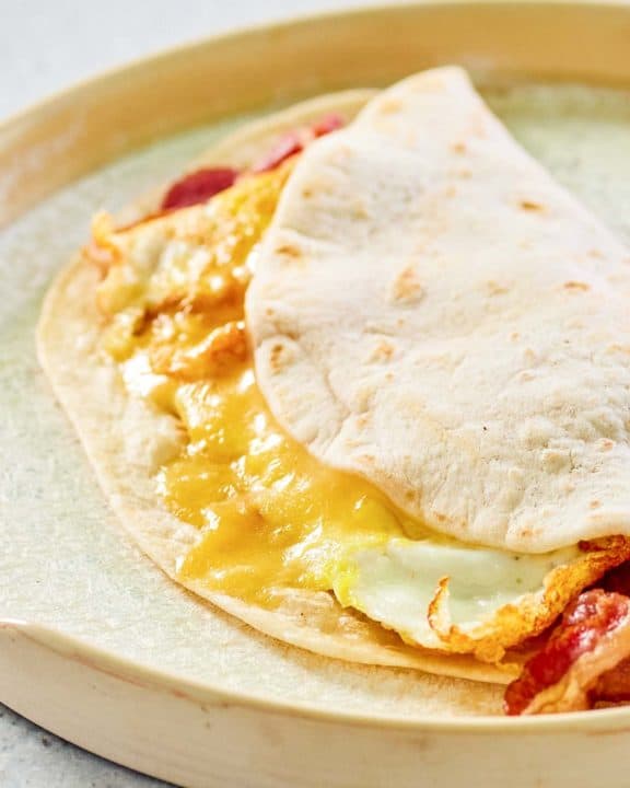 copycat Dunkin Donuts Wake Up Wrap with bacon, egg, and cheese.
