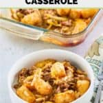 hamburger hashbrown casserole serving in a white bowl.