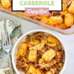 overhead view of hamburger hashbrown casserole in a bowl.