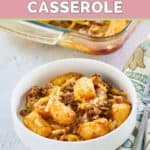 serving of hamburger hashbrown casserole in a bowl.