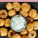 copycat Logan's Roadhouse fried mushrooms and dipping sauce.