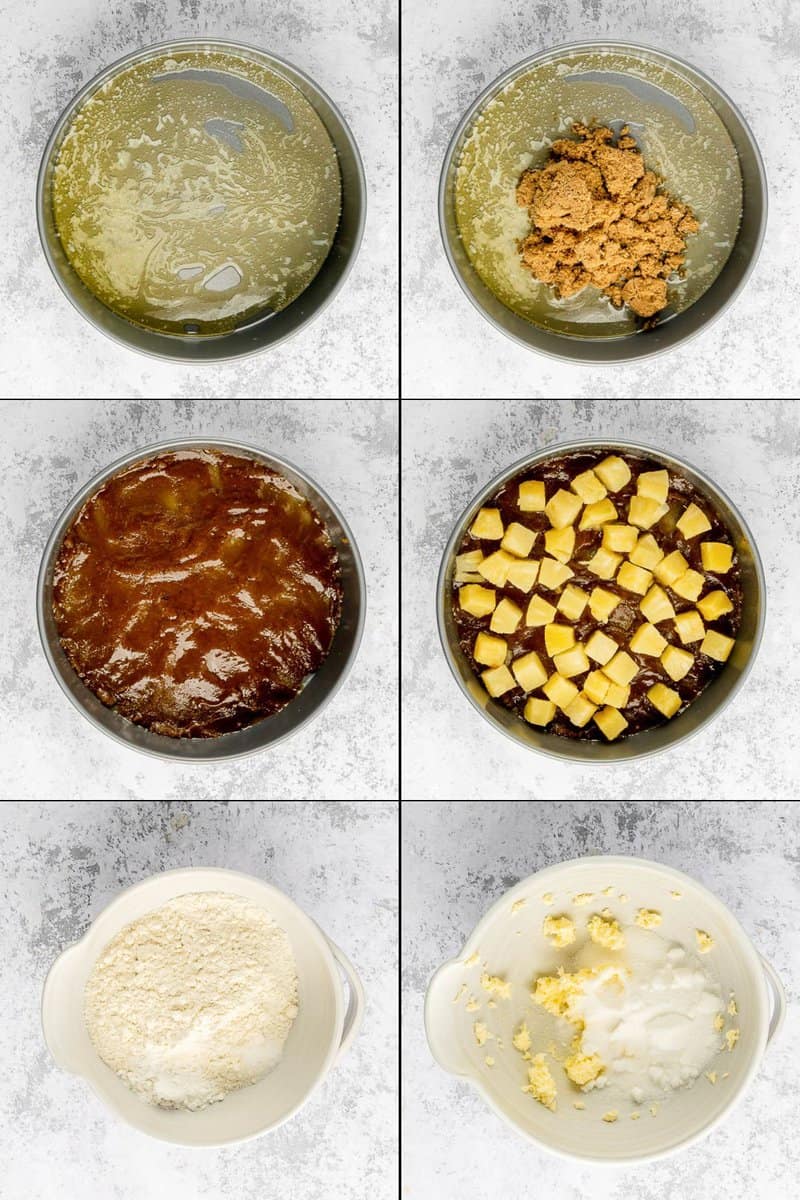 collage of pineapple upside down cake recipe steps 1 to 6.