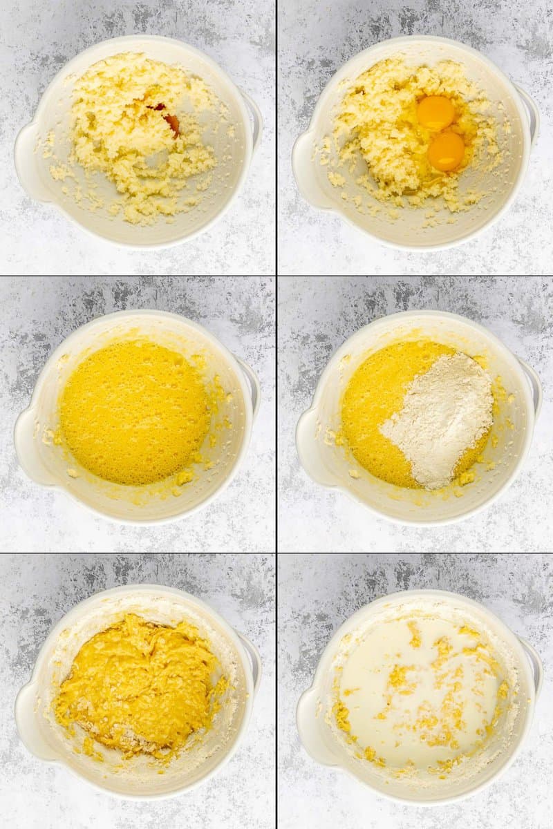 collage of pineapple upside down cake recipe steps 5 to 12.