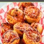 homemade pizza rolls in a parchment paper lined bread basket.