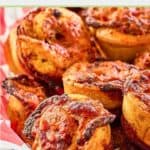 closeup of homemade pizza rolls in a bread basket.