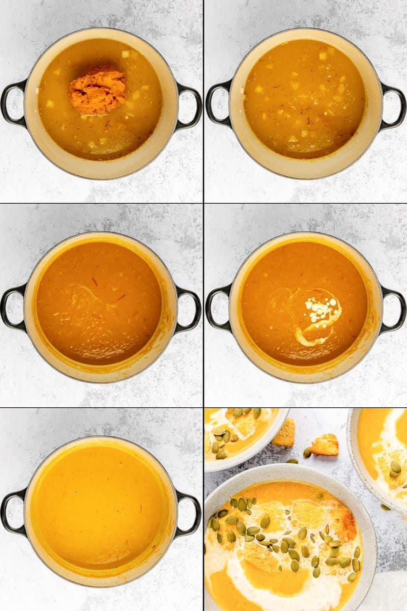 collage of pumpkin bisque recipe steps 7 to 12.