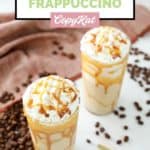 two homemade Starbucks caramel frappuccino drinks.