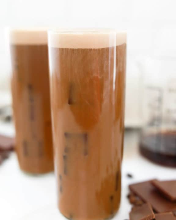 two copycat Starbucks chocolate cream cold brew iced coffee drinks.