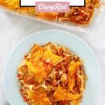 overhead view of Mexican taco casserole in a dish and on a plate.