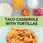 taco casserole ingredients and a serving on a plate.