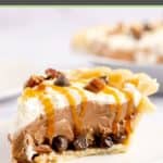 turtle pie with caramel drizzle on top.