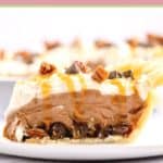 turtle pie slice on a white plate.