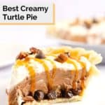 chocolate turtle pie slice on a plate.