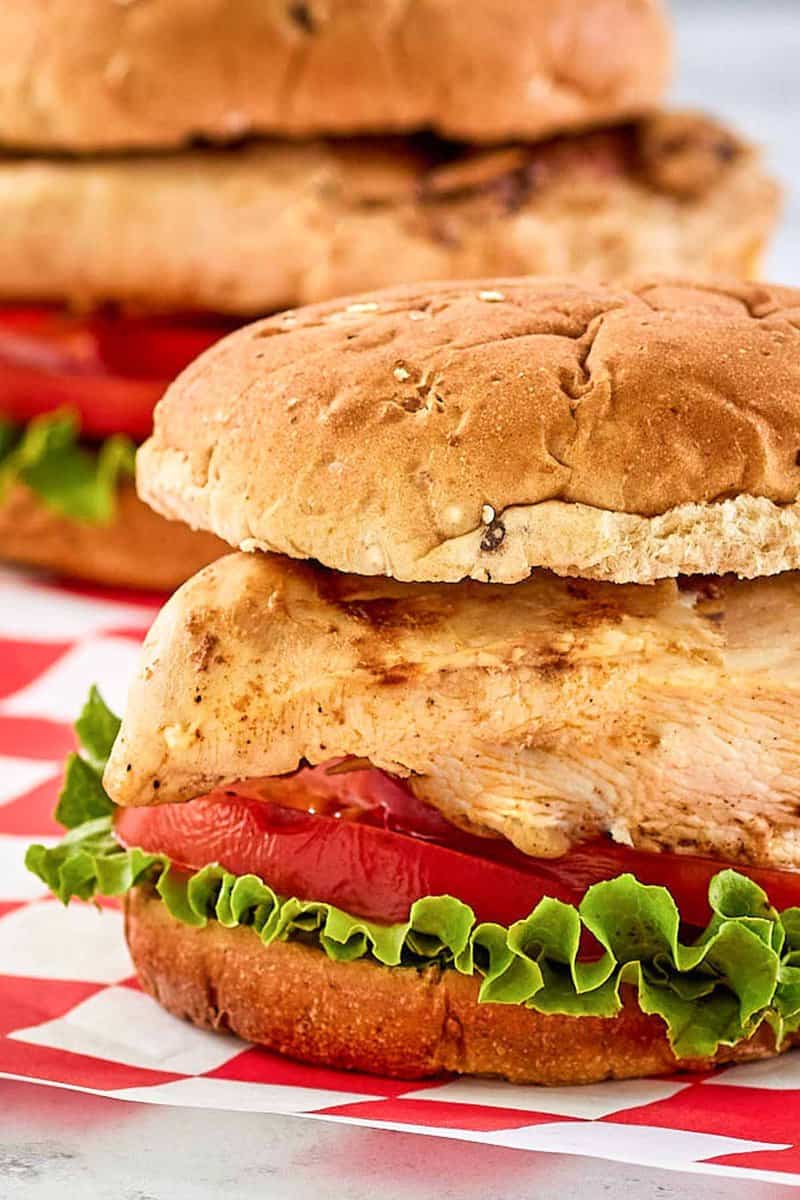 closeup of a copycat Chick Fil A grilled chicken sandwich.