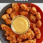 overhead view of homemade Chick Fil A sauce and chicken nuggets.