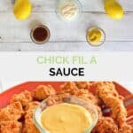 Chick Fil A sauce ingredients and the finished sauce in a bowl.