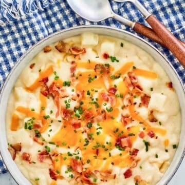 overhead view of a bowl of copycat Chili's baked potato soup.