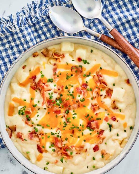 overhead view of a bowl of copycat Chili's baked potato soup.