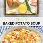 Chili's baked potato soup ingredients and a bowl of the soup.