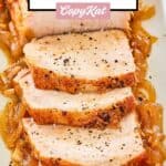 Instant Pot pork loin slices on top of cooked onions.