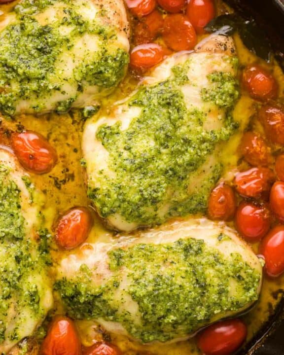 copycat Olive Garden Chicken Margherita in a skillet.