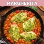 overhead view of homemade Olive Garden Chicken Margherita in a skillet.