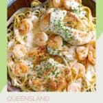 copycat Outback Steakhouse Queensland chicken and shrimp pasta on a plate.