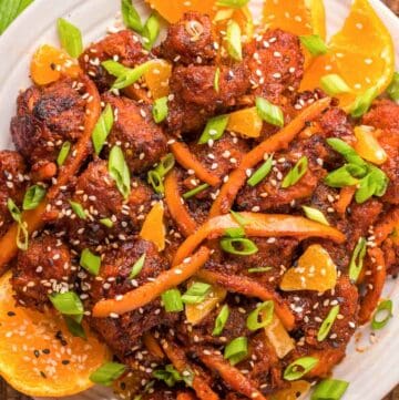 overhead view of copycat PF Chang's orange chicken.