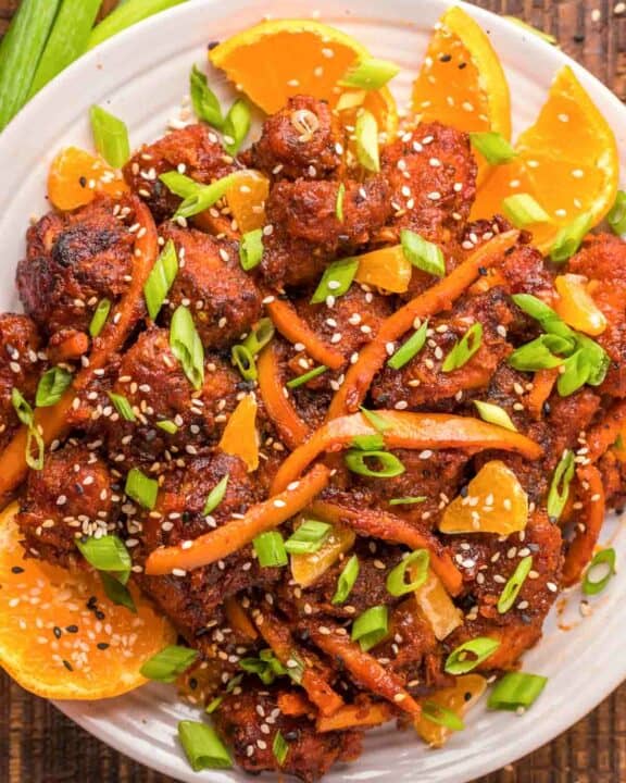 overhead view of copycat PF Chang's orange chicken.