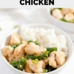 a bowl of homemade Panda Express string bean chicken and white rice.