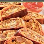 closeup of sausage roll slices and a bowl of picante sauce.