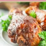 closeup of a smoked chicken drumstick.
