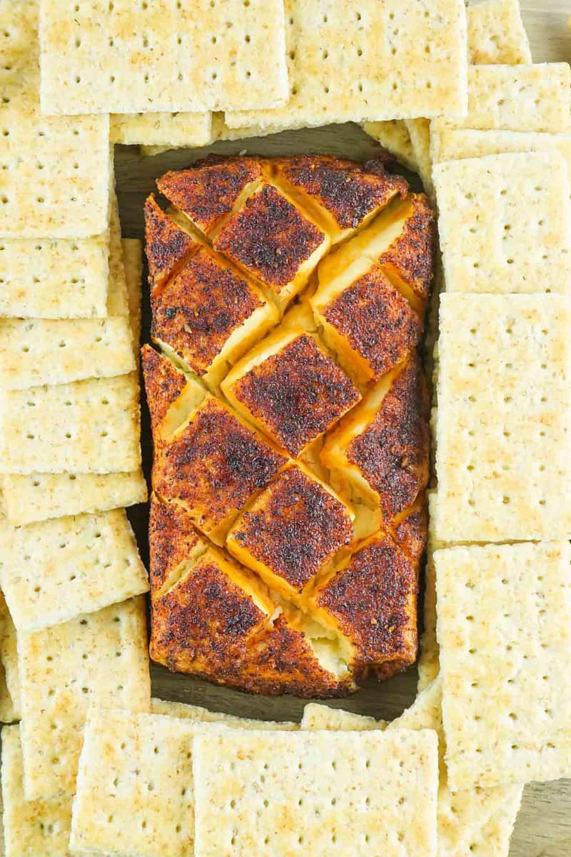 smoked cream cheese with BBQ seasoning and butter crackers.