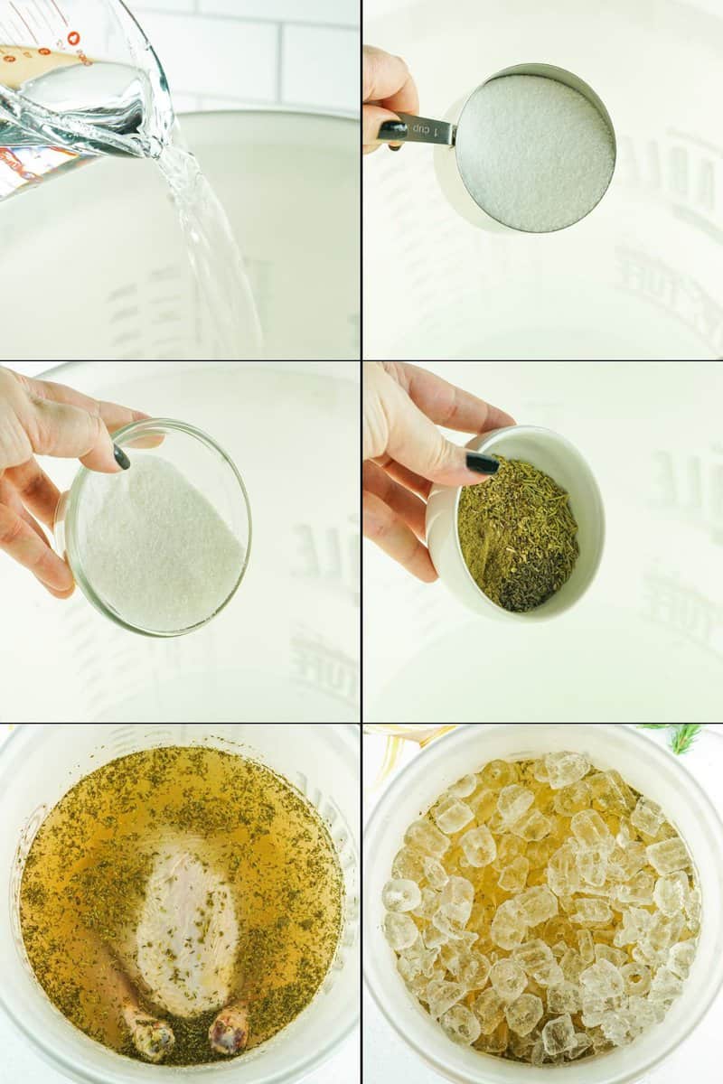 collage of making a brine for smoked spatchcock turkey.