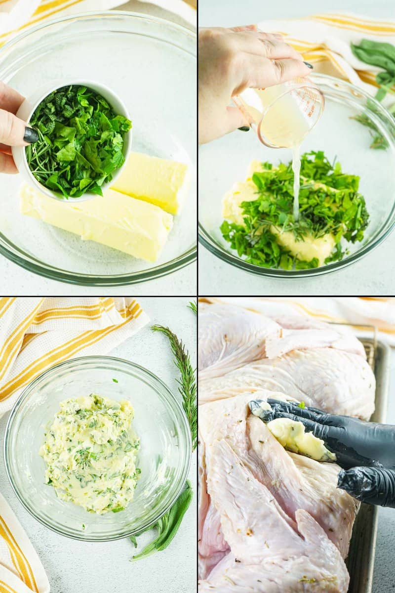 collage of making compound butter for a smoked spatchcock turkey.