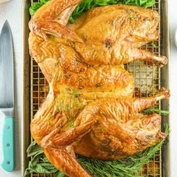 overhead view of a smoked spatchcock turkey.