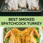 spatchcock turkey in a smoker and on a wire rack.