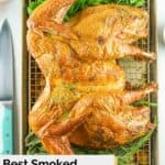 overhead view of smoked spatchcock turkey on a wire rack.