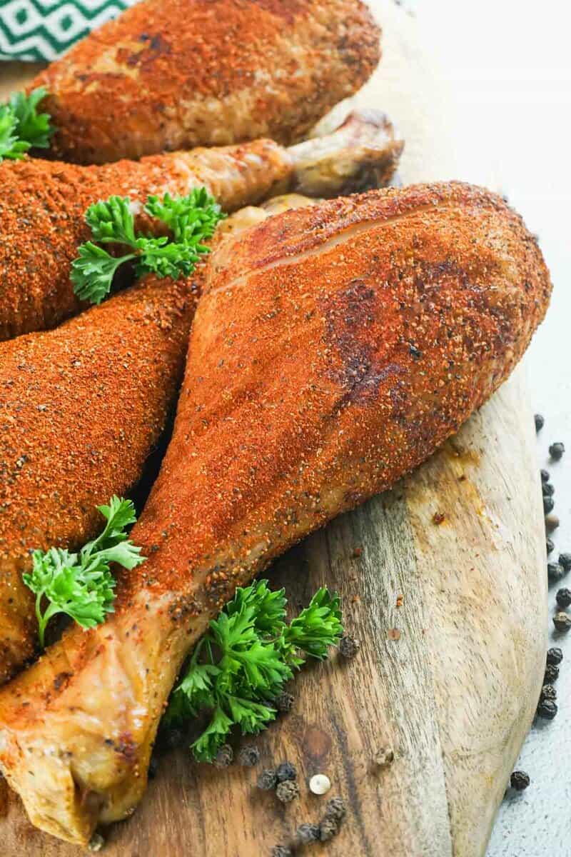 closeup of homemade smoked turkey legs.