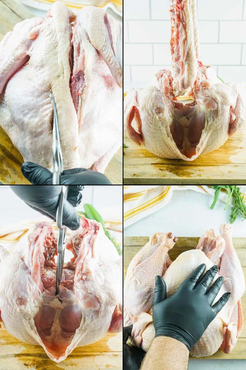 collage of steps to spatchcock a turkey.